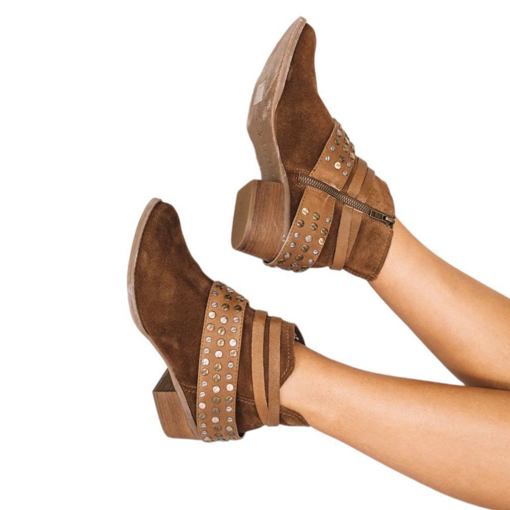 Brown Suede Leather Wide Metal Studded Wrap Boots by Naughty Monkey NWT